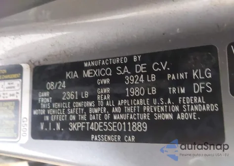 2025 Kia K4 Lxs из США, поврежденный, VIN 3KPFT4DE5SE011889